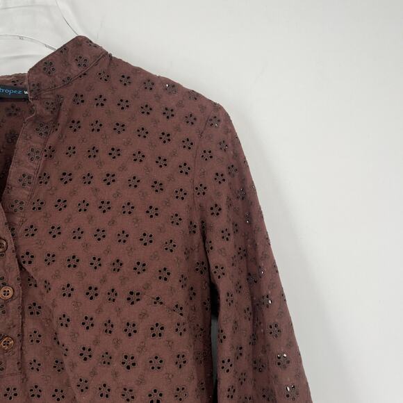 Saint‎ Tropez West Top Womens M Brown Eyelet Floral Henley Beachy Boho Hippie - Picture 3 of 6